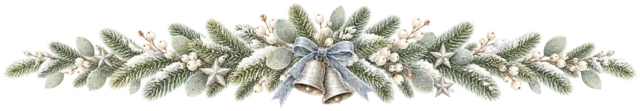青いリボンとベルを描いた水彩の北欧ボタニカルなクリスマスライン・区切り線