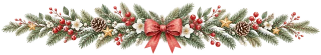 赤いリボンと冬花を描いた水彩の北欧ボタニカルなクリスマスライン・区切り線