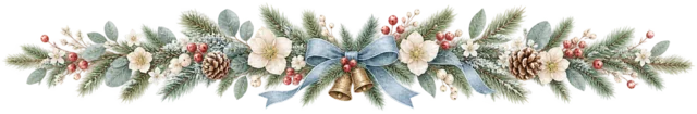 青いリボンと白い実を描いた水彩の北欧ボタニカルなクリスマスライン・区切り線