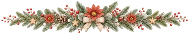 中央の赤いポインセチアを描いた水彩の北欧ボタニカルなクリスマスライン・区切り線