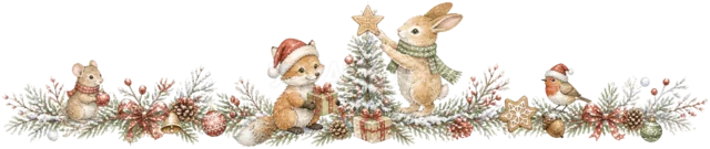 サンタと子鹿とツリーを描いた水彩絵本タッチの森の動物クリスマスライン・区切り線