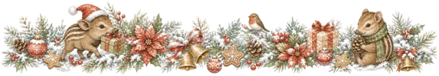 子鹿と猫とフクロウを描いた水彩絵本タッチの森の動物クリスマスライン・区切り線