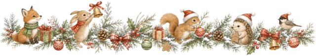 きつねと子鹿と雪だるまを描いた水彩絵本タッチの森の動物クリスマスライン・区切り線