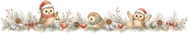 ペンギンとアザラシとフクロウを描いた水彩絵本タッチの森の動物クリスマスライン・区切り線