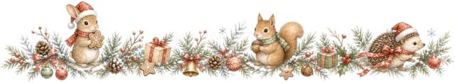 サンタとリスと小鳥を描いた水彩絵本タッチの森の動物クリスマスライン・区切り線