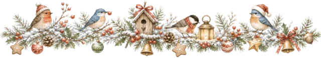 うさぎと小鳥と森の小物を描いた水彩絵本タッチの森の動物クリスマスライン・区切り線