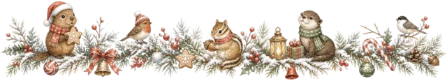 リスと猫とハリネズミを描いた水彩絵本タッチの森の動物クリスマスライン・区切り線