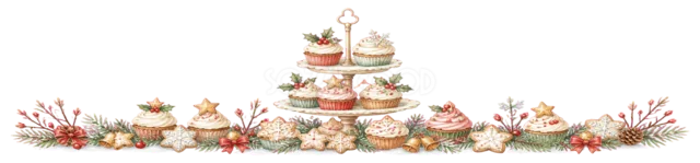 カップケーキを積んだデザートを描いた水彩絵本タッチのクリスマスお菓子・食べ物ライン