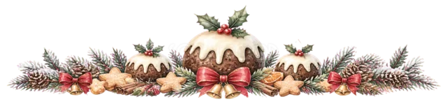 プディングと焼き菓子を描いた水彩絵本タッチのクリスマスお菓子・食べ物ライン
