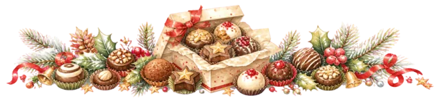 クリスマススイーツの盛り合わせを描いた水彩絵本タッチのクリスマスお菓子・食べ物ライン