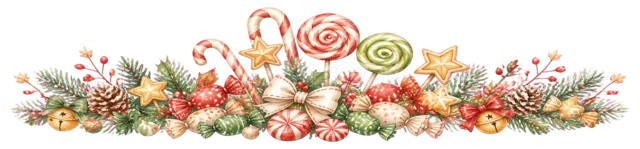 ロリポップとキャンディを描いた水彩絵本タッチのクリスマスお菓子・食べ物ライン