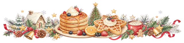 パンケーキと雪の街を描いた水彩絵本タッチのクリスマスお菓子・食べ物ライン