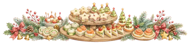 ケーキとデザートのビュッフェを描いた水彩絵本タッチのクリスマスお菓子・食べ物ライン