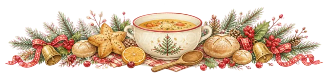 温かいスープとパンを描いた水彩絵本タッチのクリスマスお菓子・食べ物ライン