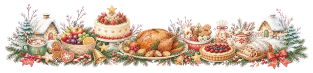 クリスマス料理のごちそうを描いた水彩絵本タッチのクリスマスお菓子・食べ物ライン