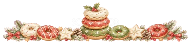 マカロンとドーナツを描いた水彩絵本タッチのクリスマスお菓子・食べ物ライン