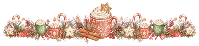 ケーキとホットドリンクを描いた水彩絵本タッチのクリスマスお菓子・食べ物ライン