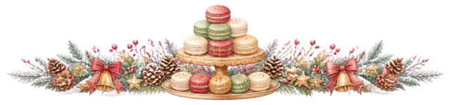 マカロンタワーを描いた水彩絵本タッチのクリスマスお菓子・食べ物ライン