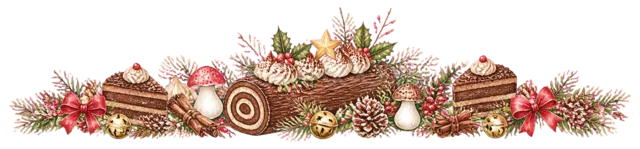 チョコレートケーキとロールケーキを描いた水彩絵本タッチのクリスマスお菓子・食べ物ライン