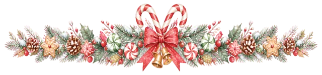 キャンディケインと赤いリボンを描いた水彩絵本タッチのクリスマスお菓子・食べ物ライン