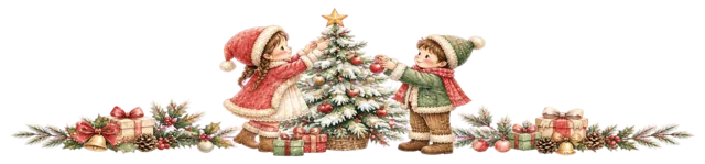 ツリーを飾る子どもたちを描いた水彩絵本タッチの子どものクリスマスライン