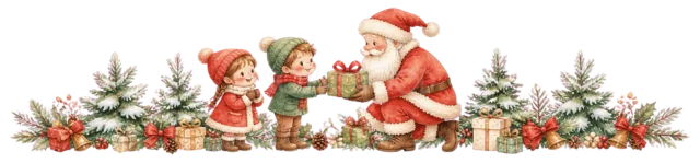 サンタと子どものプレゼント交換を描いた水彩絵本タッチの子どものクリスマスライン