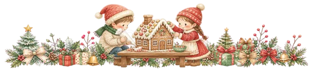 ジンジャーブレッドハウスを作る子どもを描いた水彩絵本タッチの子どものクリスマスライン