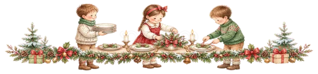 テーブルで飾りを作る子どもを描いた水彩絵本タッチの子どものクリスマスライン