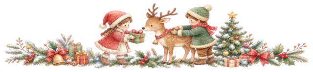 トナカイのそりと子どもを描いた水彩絵本タッチの子どものクリスマスライン