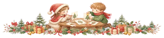 サンタとお菓子を作る子どもを描いた水彩絵本タッチの子どものクリスマスライン