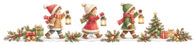 贈り物を運ぶ子どもたちを描いた水彩絵本タッチの子どものクリスマスライン