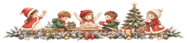 ツリーの前に集まる子どもたちを描いた水彩絵本タッチの子どものクリスマスライン