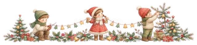 屋外で贈り物を渡す子どもを描いた水彩絵本タッチの子どものクリスマスライン