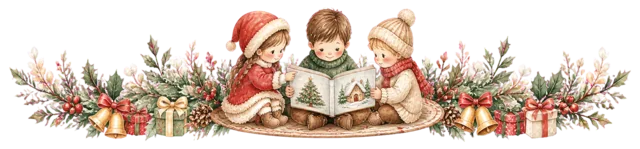 サンタと絵本を読む子どもを描いた水彩絵本タッチの子どものクリスマスライン