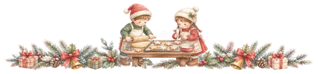 お菓子を作る子どもたちを描いた水彩絵本タッチの子どものクリスマスライン