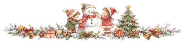 雪だるまを作る子どもを描いた水彩絵本タッチの子どものクリスマスライン