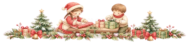 ツリーのそばでプレゼントを開く子どもを描いた水彩絵本タッチの子どものクリスマスライン