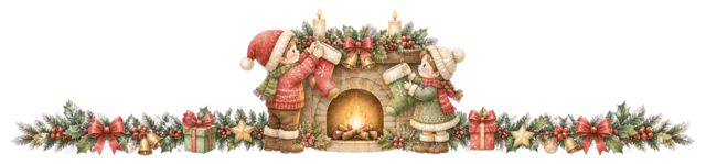 暖炉を囲む子どもを描いた水彩絵本タッチの子どものクリスマスライン