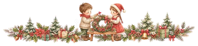 サンタと贈り物を運ぶ子どもを描いた水彩絵本タッチの子どものクリスマスライン