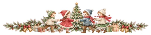 そりに乗る子どもたちを描いた水彩絵本タッチの子どものクリスマスライン