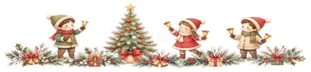 大きなツリーを囲む子どもを描いた水彩絵本タッチの子どものクリスマスライン