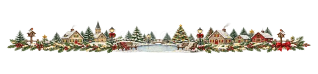川辺の家と雪の村を描いた水彩絵本タッチのクリスマス村ライン・区切り線
