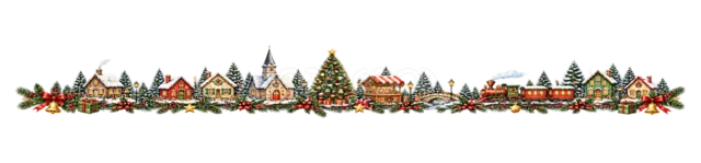 にぎやかな家並みと森を描いた水彩絵本タッチのクリスマス村ライン・区切り線