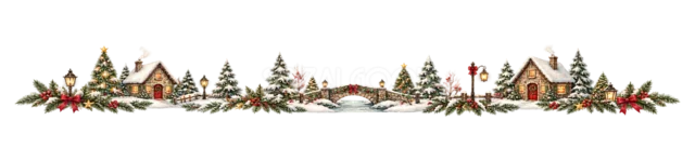 雪原と山あいの家を描いた水彩絵本タッチのクリスマス村ライン・区切り線