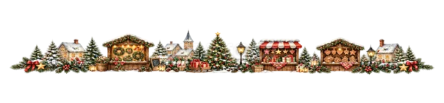 店が並ぶクリスマスマーケットを描いた水彩絵本タッチのクリスマス村ライン・区切り線