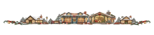大きな駅舎と街並みを描いた水彩絵本タッチのクリスマス村ライン・区切り線