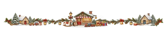 教会と赤い家の村を描いた水彩絵本タッチのクリスマス村ライン・区切り線