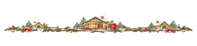 赤い家を中心にした雪の村を描いた水彩絵本タッチのクリスマス村ライン・区切り線