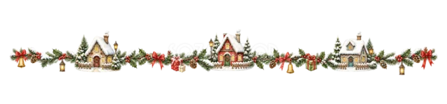 三角屋根の家が並ぶ村を描いた水彩絵本タッチのクリスマス村ライン・区切り線