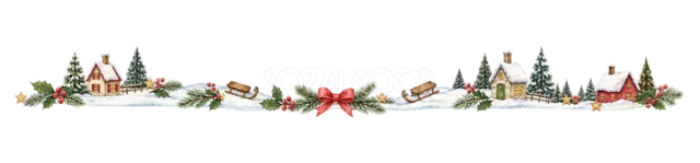 木々と小さな家の村を描いた水彩絵本タッチのクリスマス村ライン・区切り線